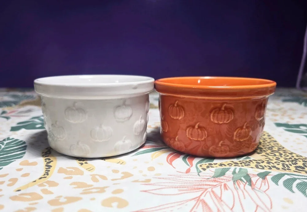 Set of 2 Ceramic Embossed Pumpkin Ramekins White & Orange Fall Dip Bowls 2